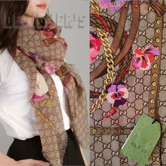 GUCCI pink Oshibana Flowers PANSHIE GG gold Chains giant 53"-square wool scarf - Picture 1 of 10